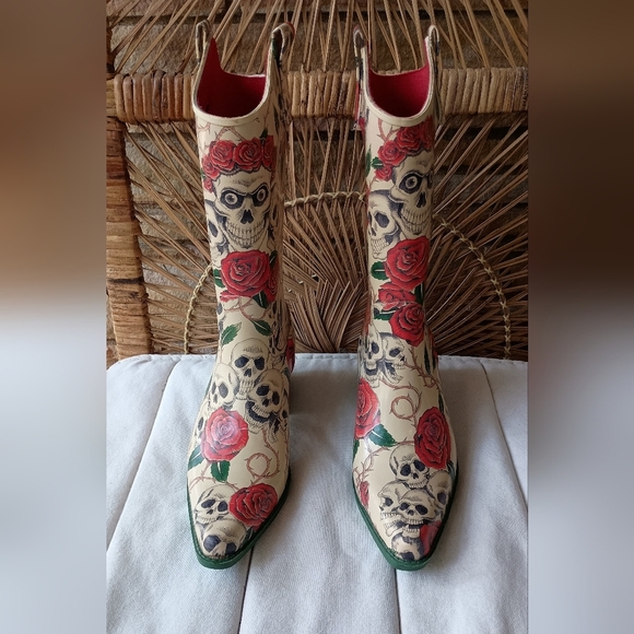 Floral Skull Print Women's Cowboy Rain Boots_11 - Picture 2 of 8